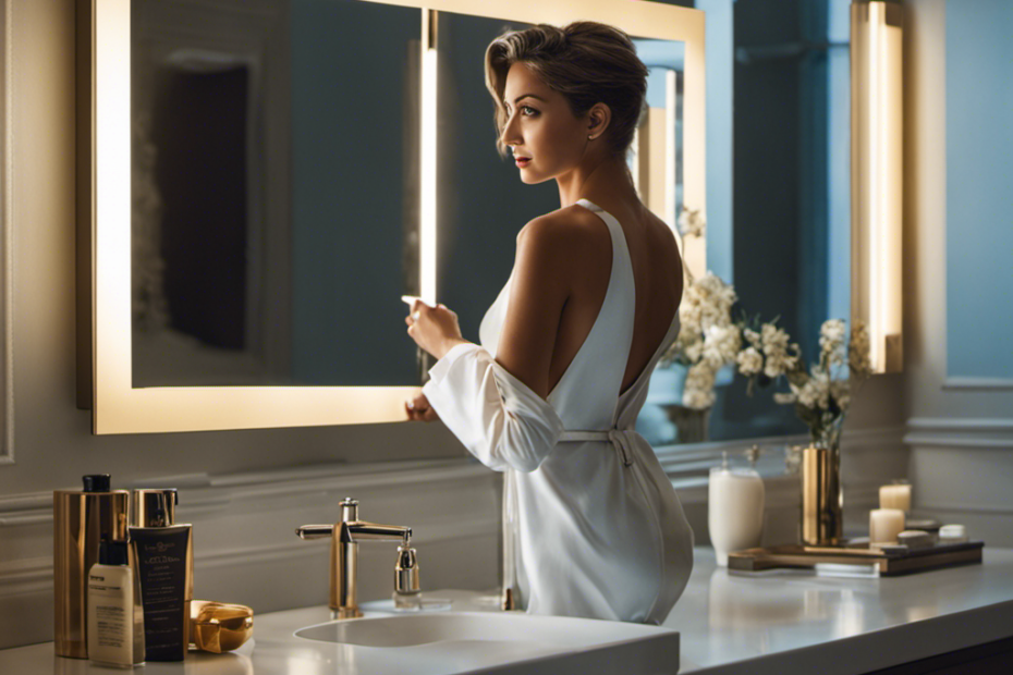 An image of a confident woman standing in front of a well-lit bathroom mirror, holding an electric razor in one hand, with a clump of freshly shaven hair falling gracefully onto the counter