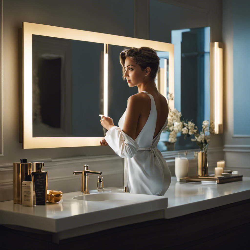An image of a confident woman standing in front of a well-lit bathroom mirror, holding an electric razor in one hand, with a clump of freshly shaven hair falling gracefully onto the counter