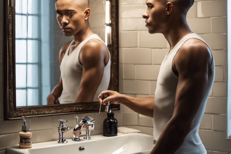 An image showcasing a person standing in front of a bathroom mirror, holding a razor