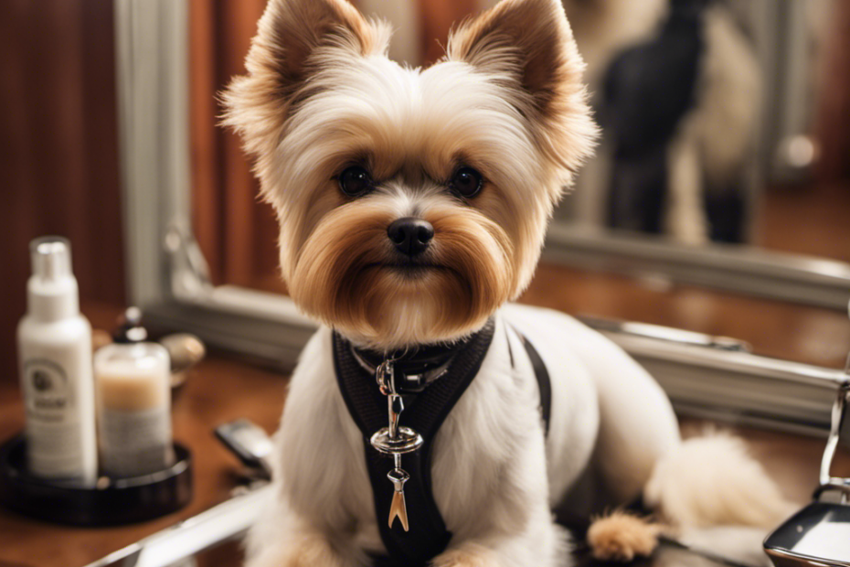 An image featuring a small, fluffy dog with a relaxed expression, positioned in front of a mirror
