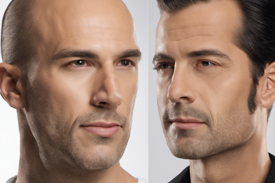 An image showcasing a side-by-side comparison of a person with a full head of hair, revealing their receding hairline, and another person confidently rocking a clean-shaven head, emphasizing the importance of facial features and overall appearance