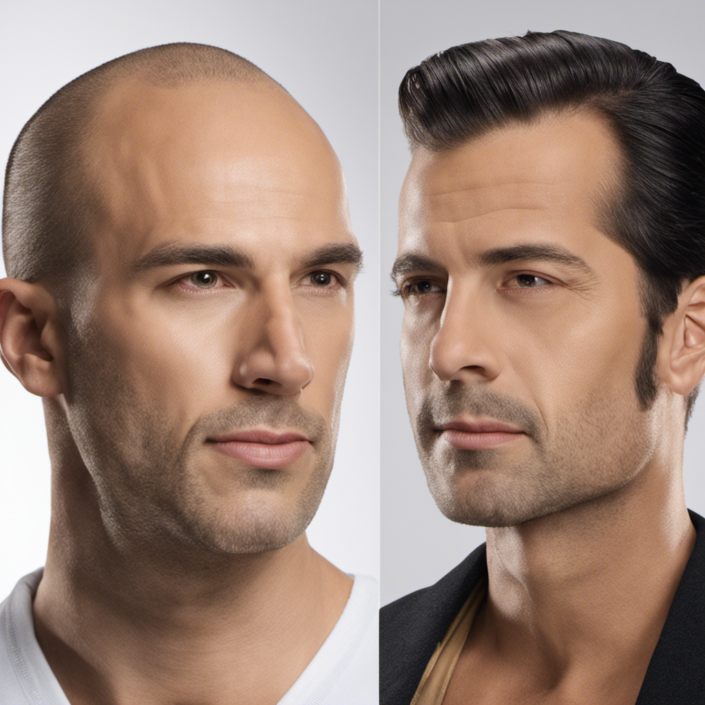An image showcasing a side-by-side comparison of a person with a full head of hair, revealing their receding hairline, and another person confidently rocking a clean-shaven head, emphasizing the importance of facial features and overall appearance