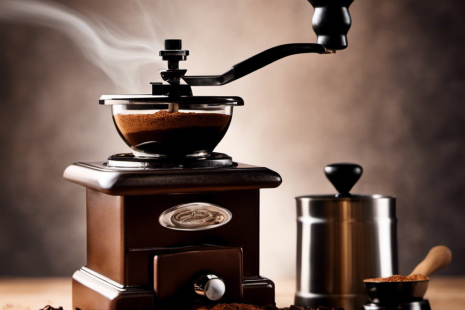 An image showcasing a close-up of a hand grinding aromatic coffee beans with a manual grinder, while a cloud of freshly ground coffee particles disperses into the air, capturing the essence of using ground coffee as a substitute for instant granules in recipes