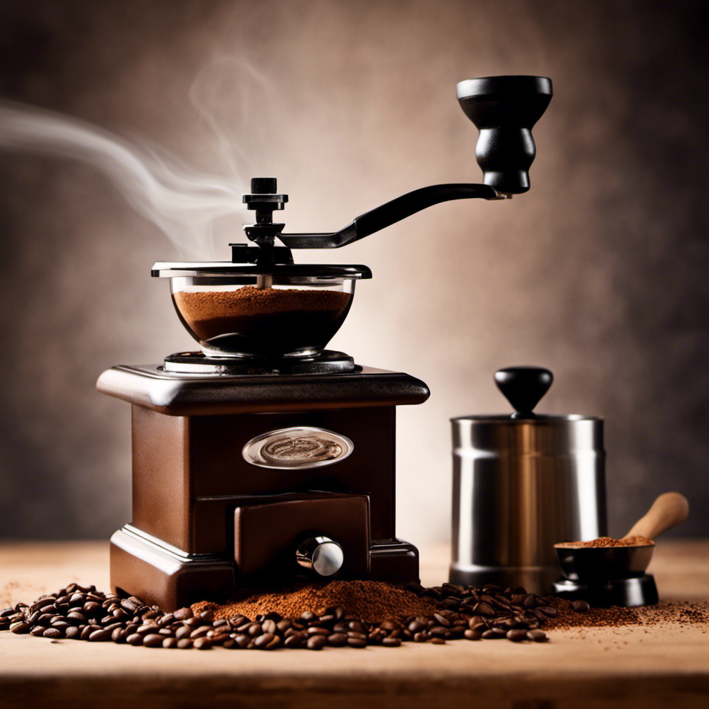 An image showcasing a close-up of a hand grinding aromatic coffee beans with a manual grinder, while a cloud of freshly ground coffee particles disperses into the air, capturing the essence of using ground coffee as a substitute for instant granules in recipes