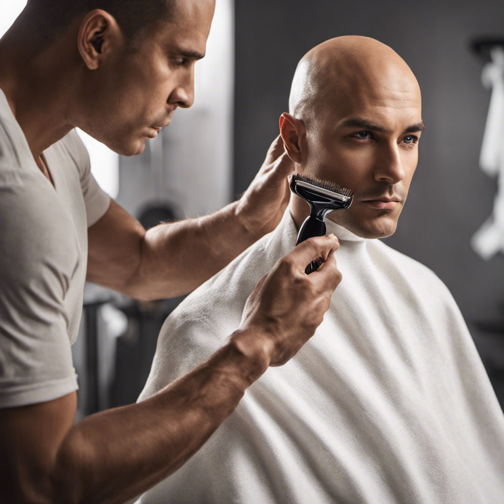 An image capturing a man confidently applying Magic Razorless Cream Shave to his clean-shaven, glistening bald head