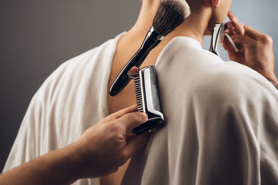 An image showcasing a person shaving their head with a razor, focusing on the back of their neck