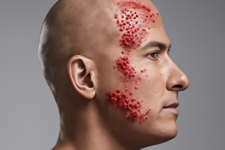 An image featuring a close-up of a freshly shaved head, with red, inflamed pimples scattered across the scalp