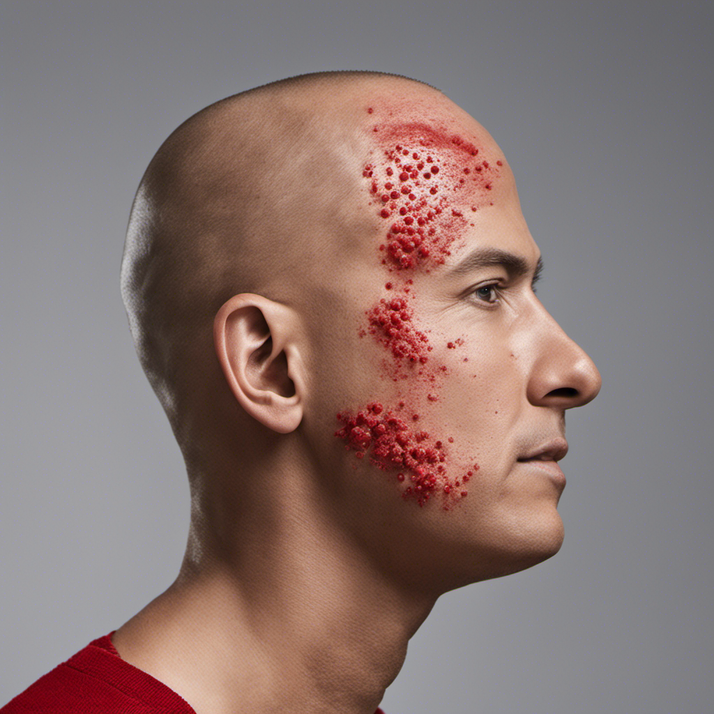An image featuring a close-up of a freshly shaved head, with red, inflamed pimples scattered across the scalp