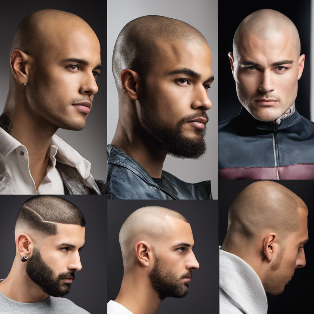 An image showcasing the stages of hair growth after shaving your head: a freshly shaved scalp, followed by short stubble, then a buzz cut, progressing to a crew cut, and finally, a full head of hair