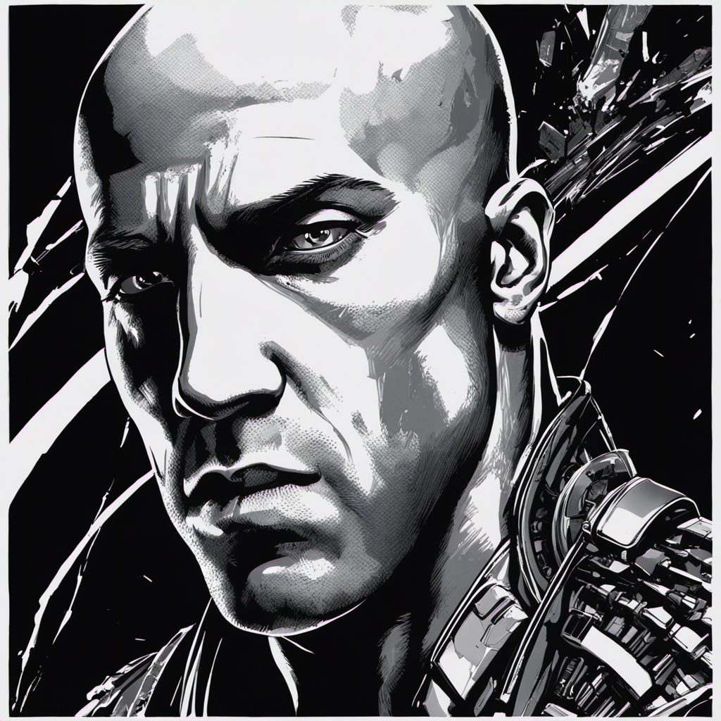 An image that captures the enigmatic Riddick from the movie "Pitch Black" shaving his head in the darkness, using a glinting shard of broken glass as a makeshift razor, surrounded by dimly lit spacecraft wreckage