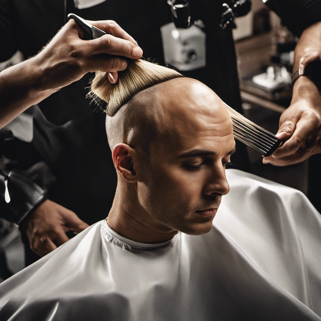 An image featuring a close-up view of a barber's hand skillfully shaving off strands of long, blonde hair cascading down onto the floor, capturing the iconic moment when Britney Spears shaved her head