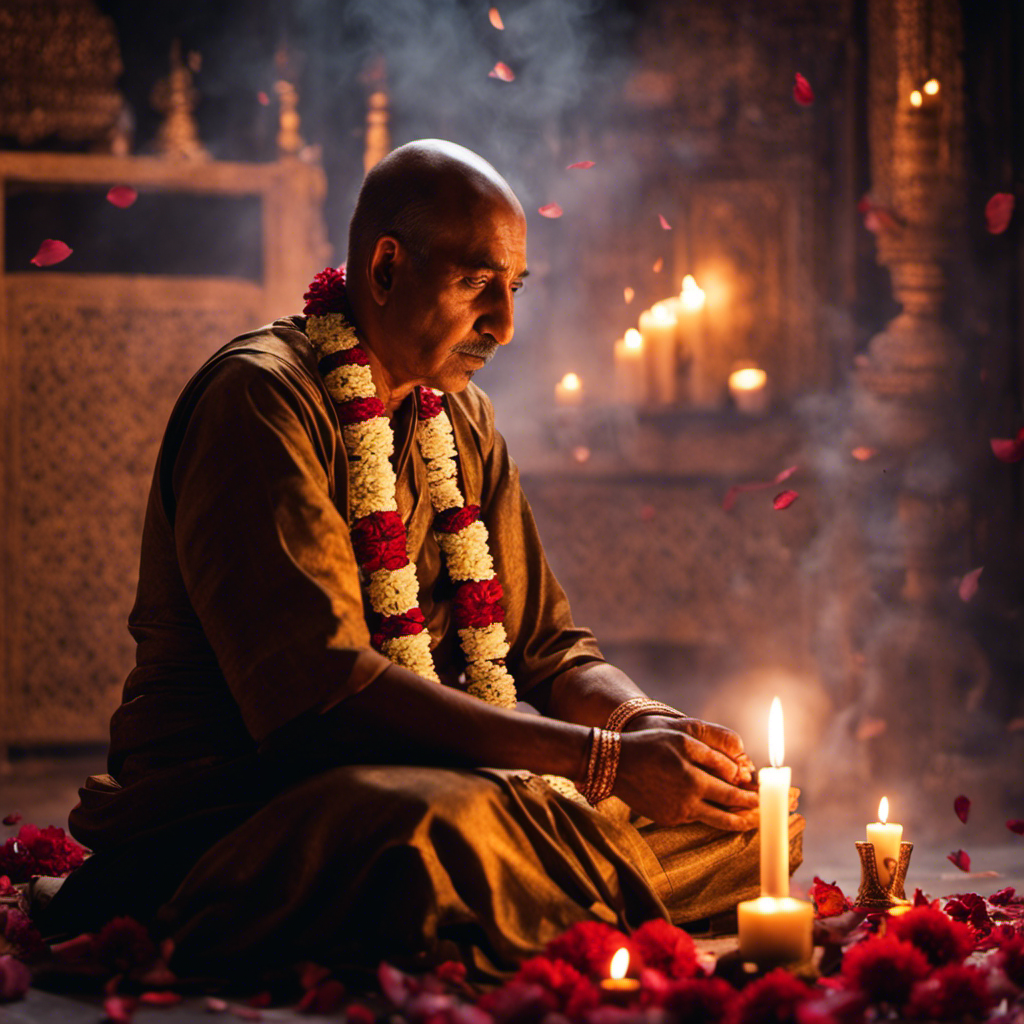 An image of a grieving Indian man in traditional attire, sitting cross-legged in a dimly lit room