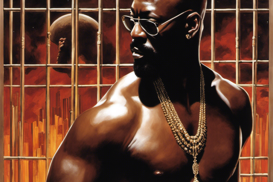 An image capturing the essence of Isaac Hayes: a powerful, bald dancer, his head gleaming under the spotlight, surrounded by bars subtly hinting at his tumultuous past, evoking a captivating blend of strength, resilience, and the passage of time