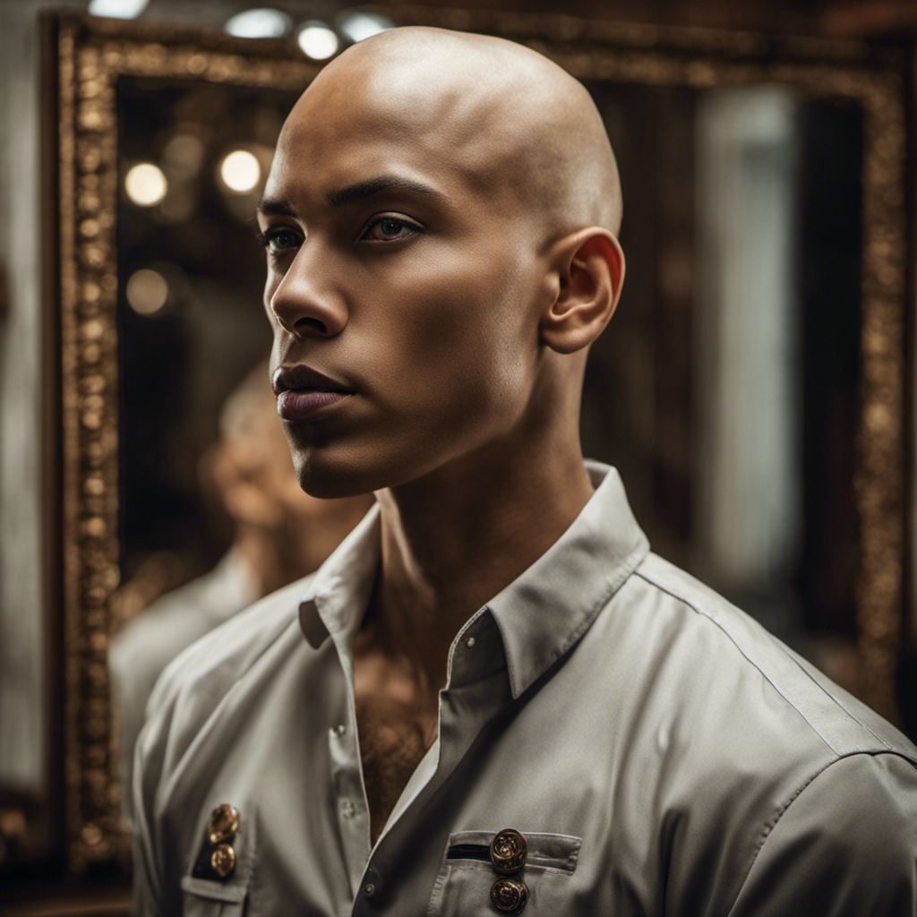 An image that showcases a confident individual with a shaved head, standing tall in front of a mirror