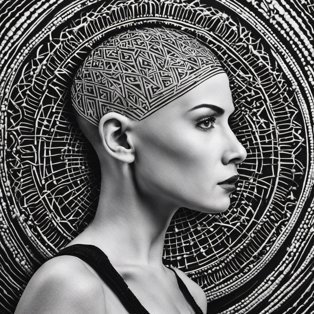 An image showcasing a close-up of a person's freshly shaved head, revealing the intricate patterns and lines etched into the buzzed hair