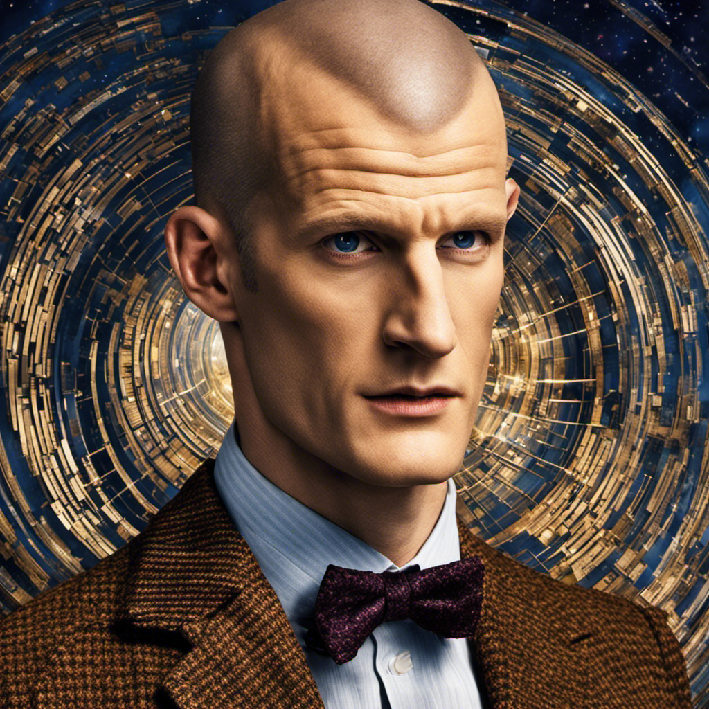 An image showcasing the iconic Matt Smith as Doctor Who, with his head completely shaved, revealing a smooth scalp