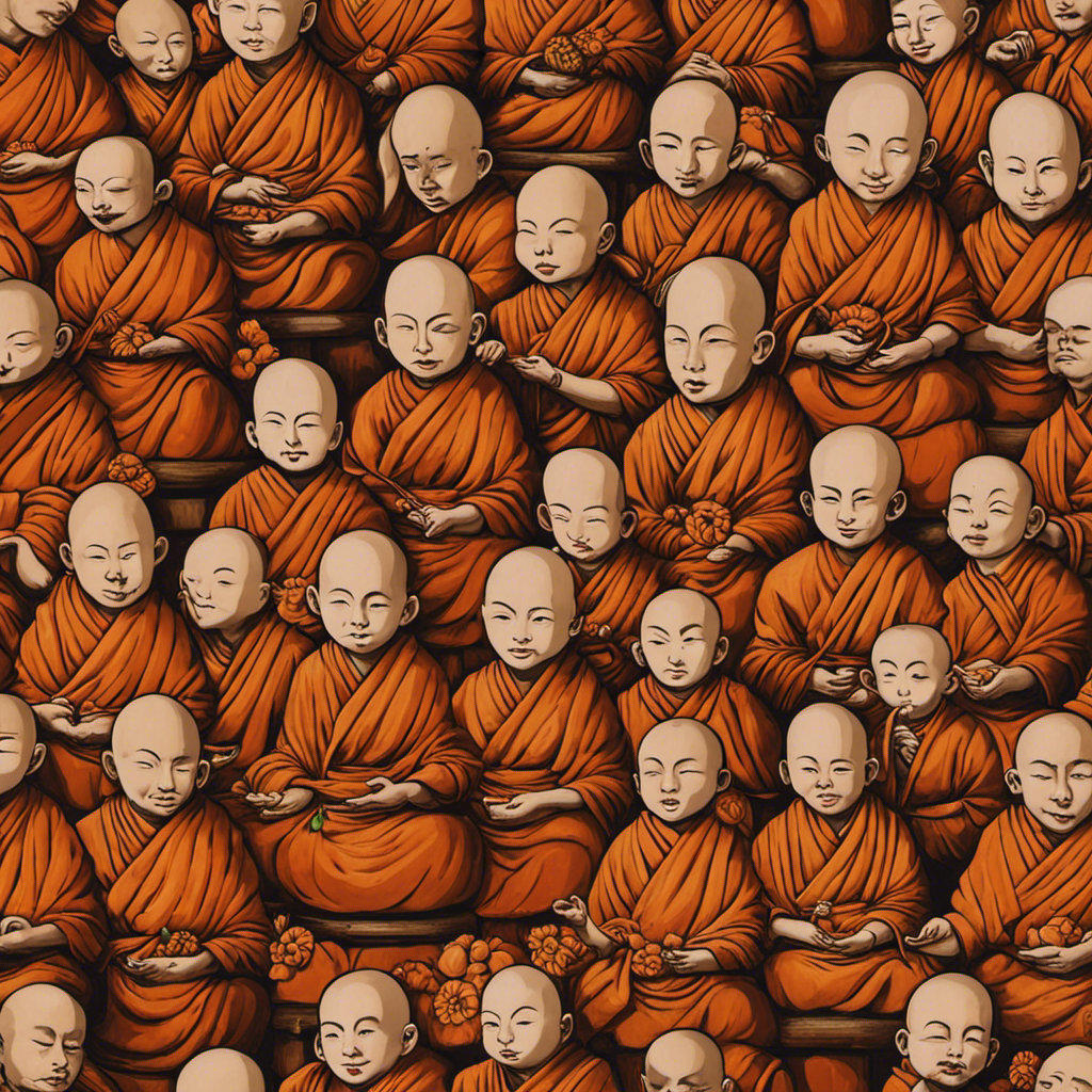 An image that captures the serene beauty of monks who shave their heads, showcasing a row of meditating figures with freshly shaven scalps, their faces adorned with peaceful expressions and gentle smiles