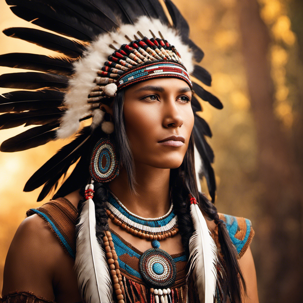 An image showcasing a Native American individual with a clean-shaven head, highlighting their proud heritage through traditional regalia, intricate beadwork, vibrant feathers, and rich earthy tones