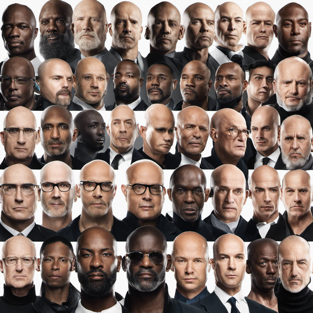 An image showing a diverse group of men with varying facial features and head shapes, confidently sporting clean-shaven heads