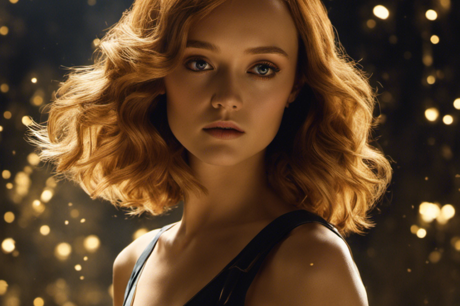 An image capturing Olivia Cooke's audacious transformation - her graceful silhouette softly illuminated by a single beam of light, emphasizing her shorn head, while a cascade of golden locks lies delicately scattered at her feet