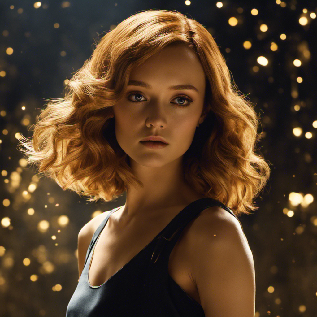 An image capturing Olivia Cooke's audacious transformation - her graceful silhouette softly illuminated by a single beam of light, emphasizing her shorn head, while a cascade of golden locks lies delicately scattered at her feet