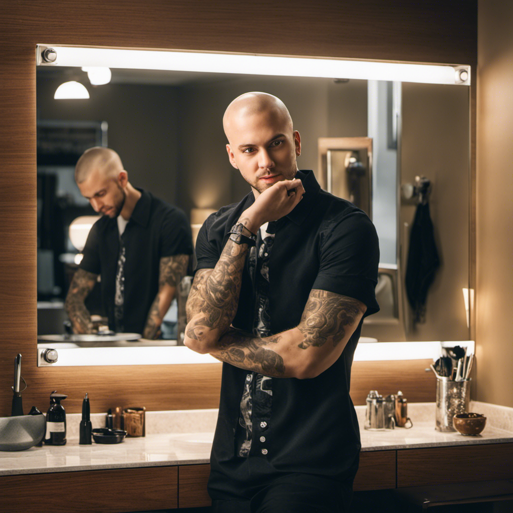 An image showing Mitch from Pentatonix gazing into the mirror, his reflection revealing his newly shaved head