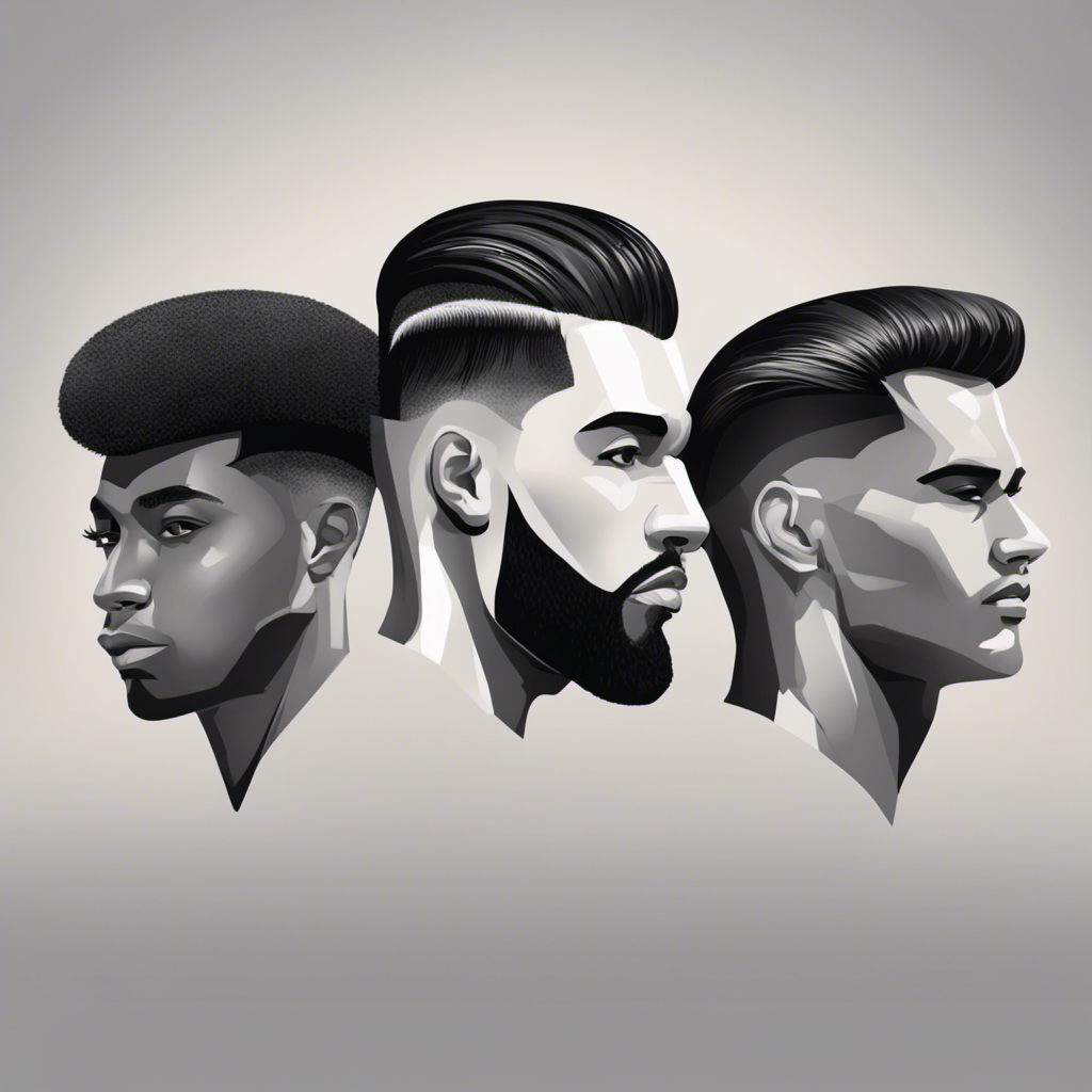 A minimalist image showcasing a split screen: on one side, a diverse group of men confidently rocking clean-shaven heads; on the other, a range of grooming tools hinting at pubic hair maintenance