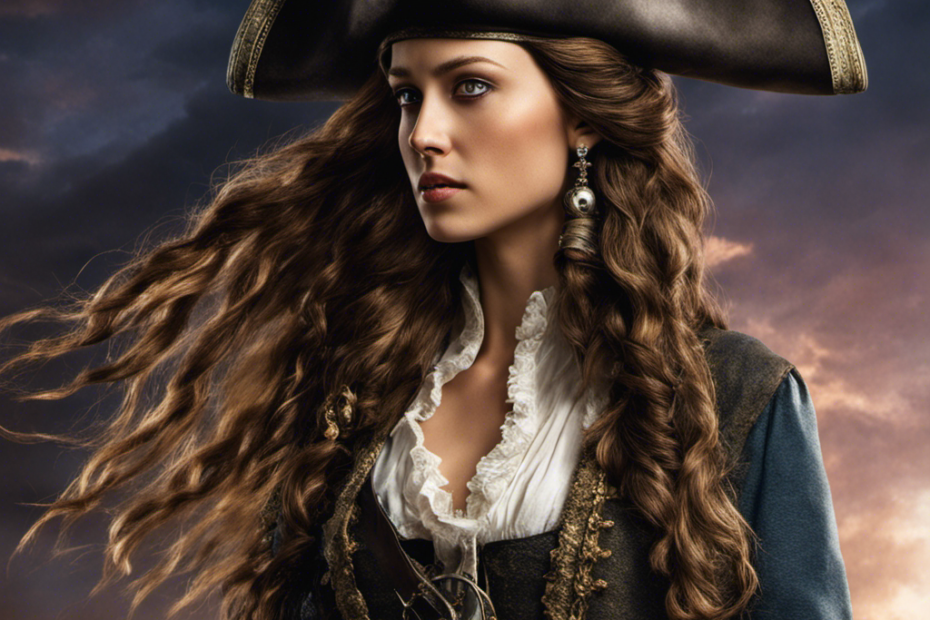 An image capturing Elizabeth from Pirates of the Caribbean with her head freshly shaved, showcasing her determined expression, glimmers of rebellion in her eyes, and the reflection of moonlight on her bare scalp