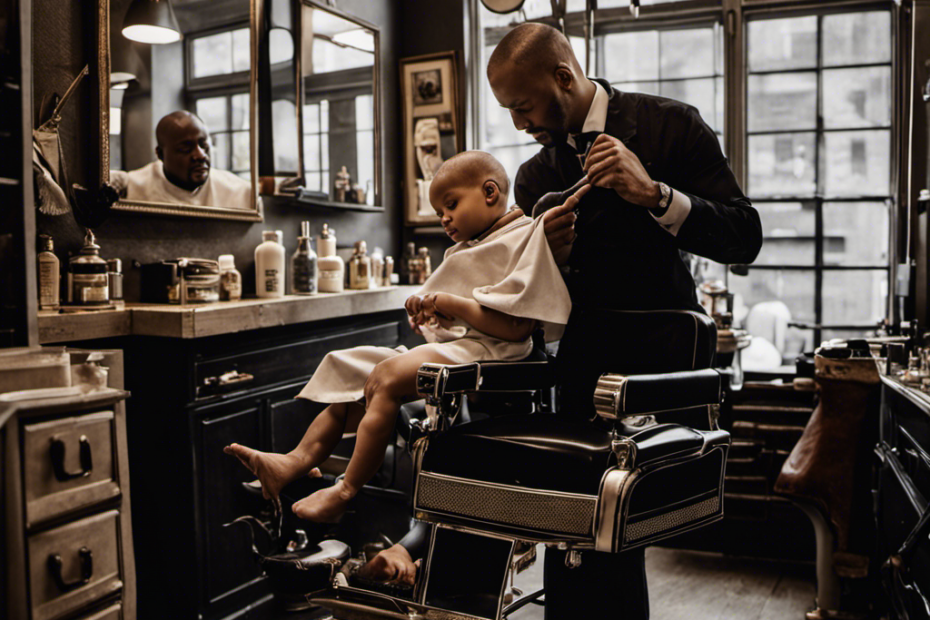 An image capturing the tender moment of a newborn's head being gently shaved at a traditional barbershop in New York City