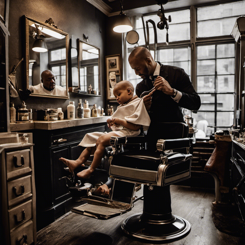 An image capturing the tender moment of a newborn's head being gently shaved at a traditional barbershop in New York City