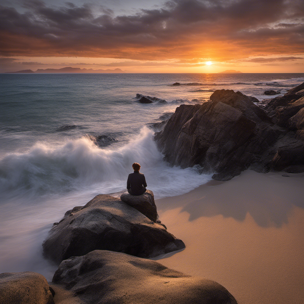 An image of a serene beach at sunset, with a solitary figure sitting on a rock, their head tilted slightly upwards, capturing the tranquil beauty of S Head as the last rays of sunlight illuminate the surroundings