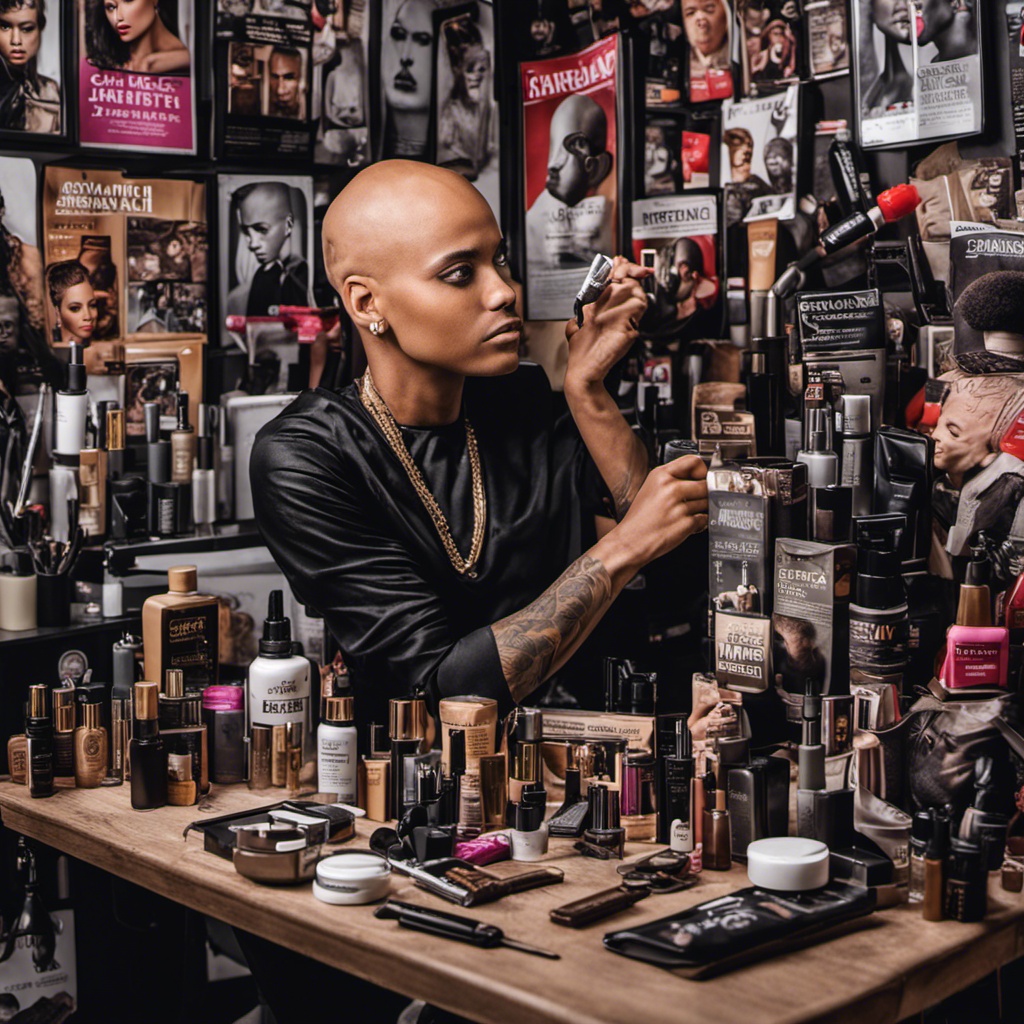 An image showcasing a person confidently shaving their head, surrounded by various hairstyle magazines and a cluttered vanity table filled with hair products and accessories