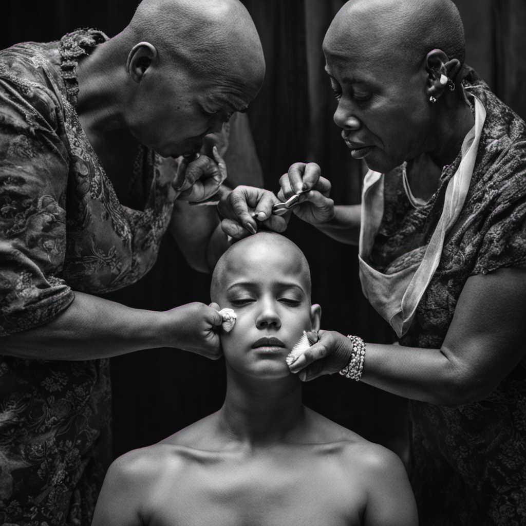 Ant image capturing the intimate act of a person, surrounded by their grieving family, shaving their head as a symbol of mourning and solidarity in the wake of a beloved family member's passing