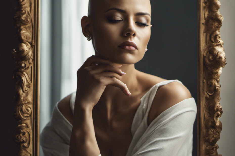 An image that captures a person with a shaved head sitting alone in front of a mirror, their face reflecting a mix of vulnerability, empowerment, and self-discovery