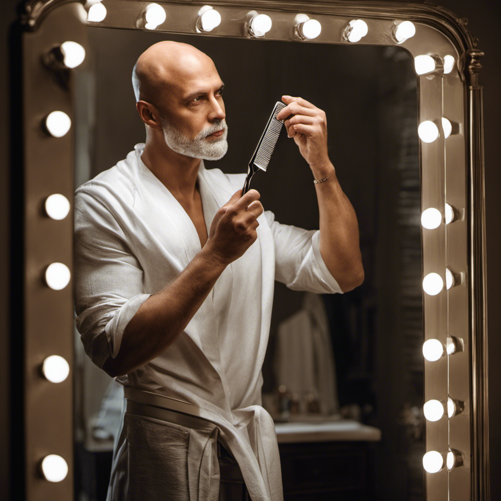 An image that captures a person standing confidently in front of a mirror, their hand gripping a razor, as they contemplate shaving their head