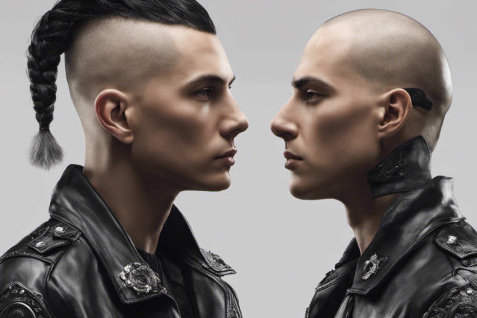 An image showcasing the transformation of a person with flowing locks into a skinhead, with a clean-shaven head, symbolizing rebellion and unity