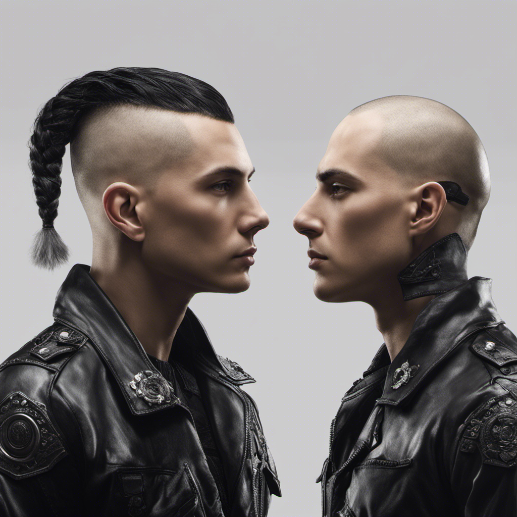 An image showcasing the transformation of a person with flowing locks into a skinhead, with a clean-shaven head, symbolizing rebellion and unity