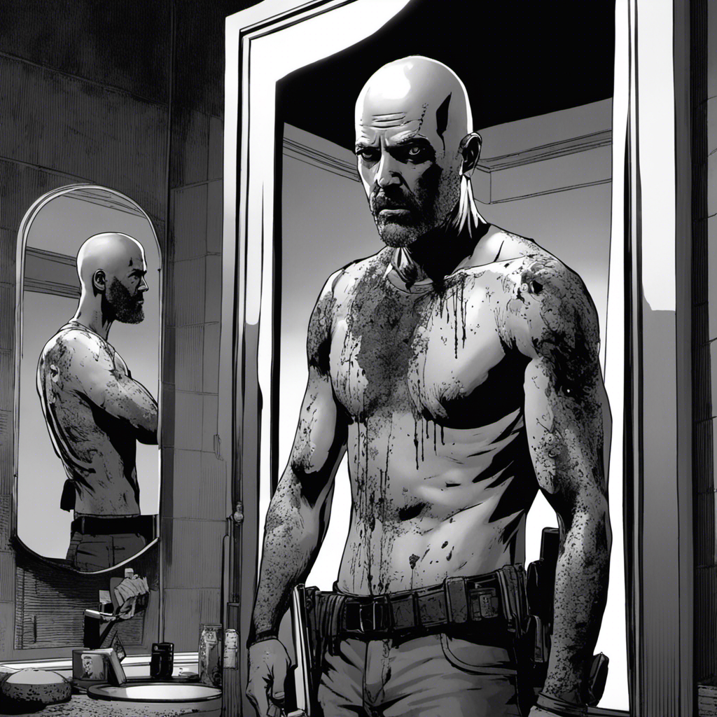 An image depicting Shane from The Walking Dead standing in front of a mirror, his expression intense as he shaves his head with a razor, symbolizing his transformation and descent into darkness