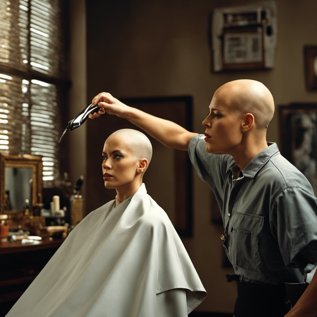 An image capturing the iconic moment from a 1990's film, where the talented Signore Weaver boldly shaves her head