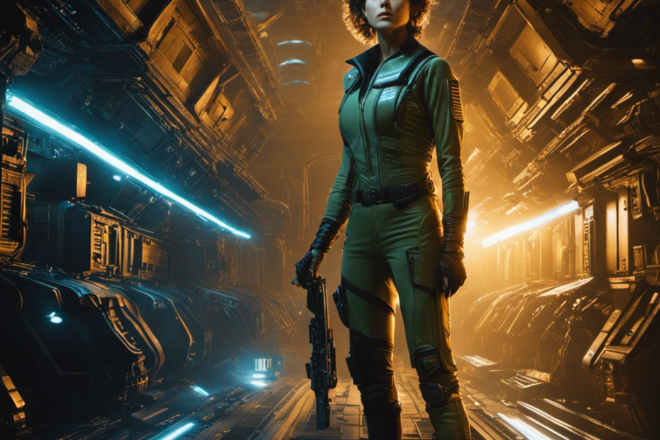 An image capturing a fearless Ripley, illuminated by the eerie glow of a spaceship's corridor lights, her determined expression mirrored in her bald reflection, representing the iconic moment from the Alien movie series