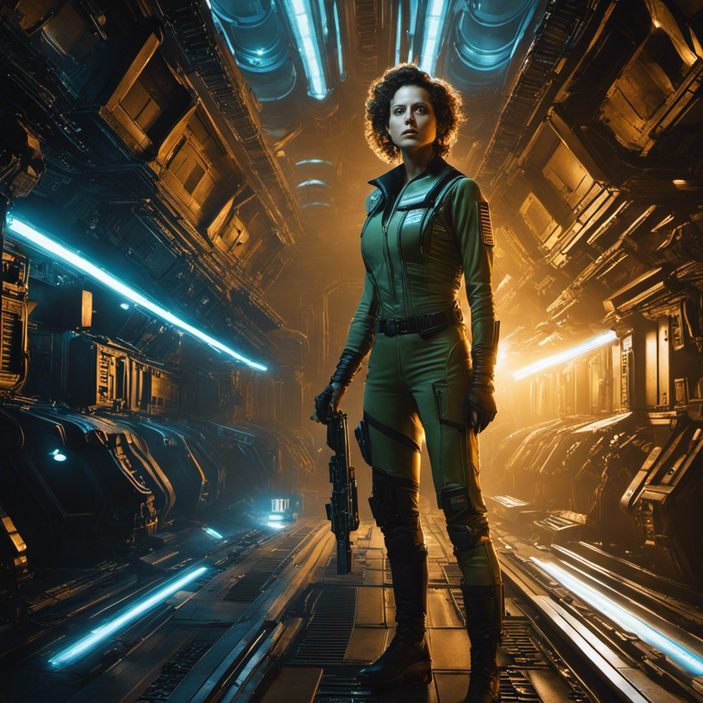 An image capturing a fearless Ripley, illuminated by the eerie glow of a spaceship's corridor lights, her determined expression mirrored in her bald reflection, representing the iconic moment from the Alien movie series