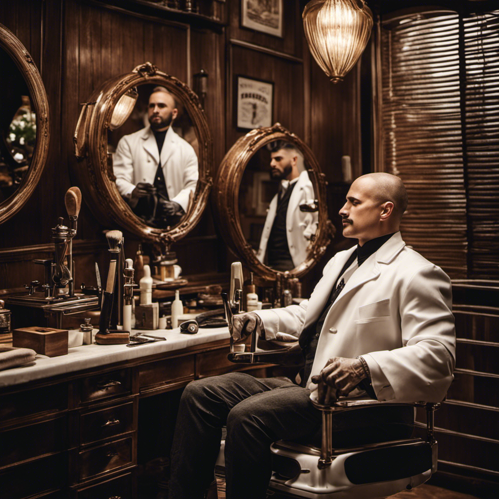An image showcasing a skilled barber, clad in a classic white coat, confidently shaving a clean-shaven head with precision, using a straight razor, while surrounded by vintage barber tools and a warm, inviting ambiance