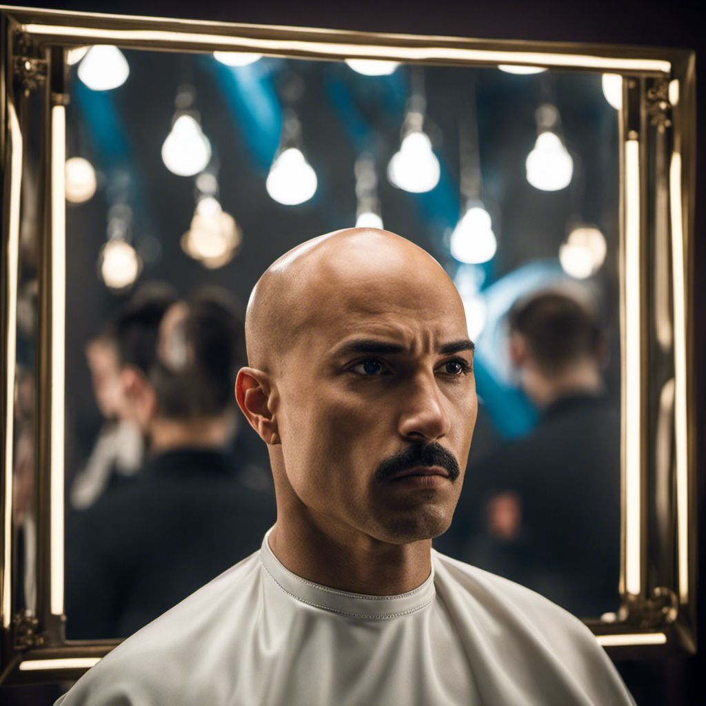 Create an image capturing Pedro's transformation as the electric clippers glide across his scalp, revealing his smooth, bald head