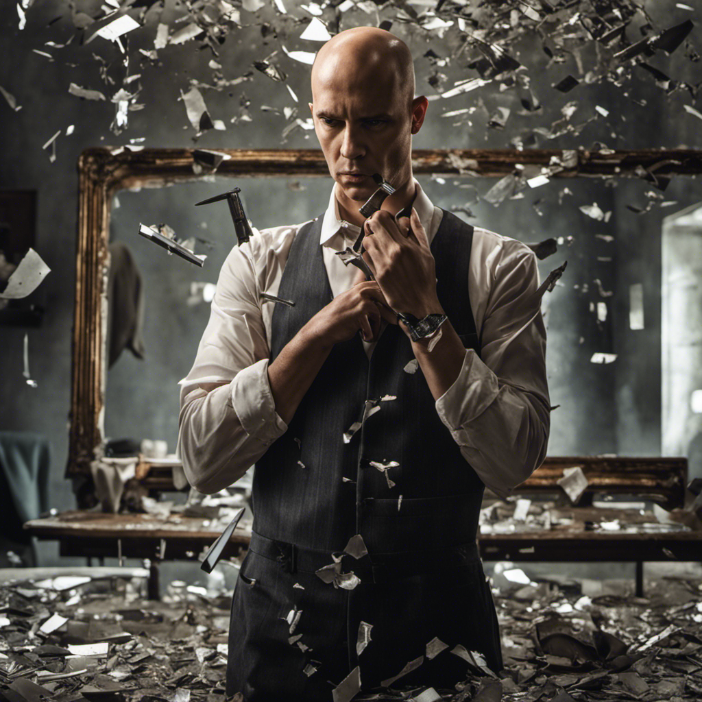 An image depicting a person standing in front of a mirror, their hands gripping a razor, surrounded by shattered fragments of a broken mirror