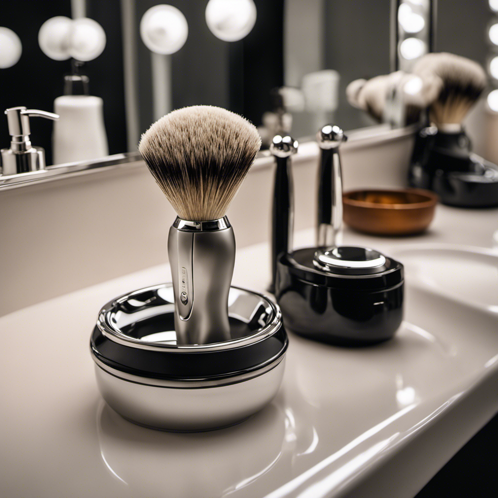 An image showcasing a clean, well-lit bathroom countertop displaying a razor, shaving cream, a soft towel, a handheld mirror, and a stylish head shaver, ready for a smooth head-shaving experience