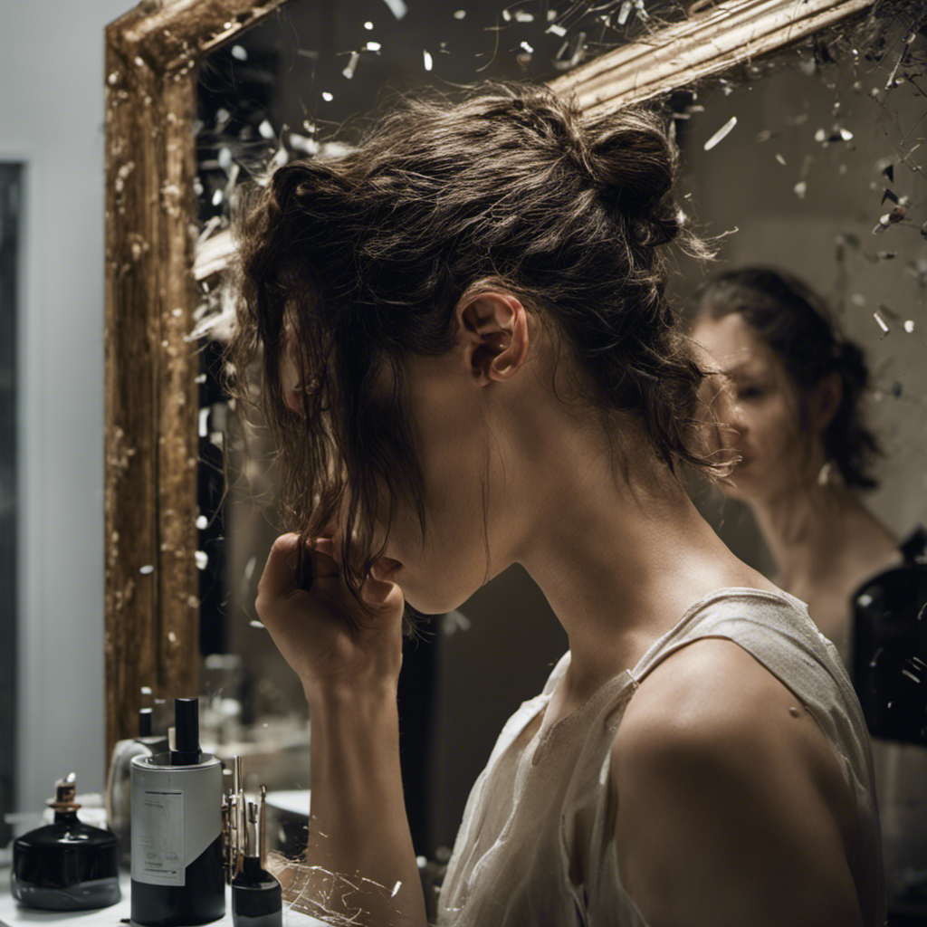 An image capturing the raw vulnerability of a person standing in front of a mirror, razor in hand, surrounded by hair clippings