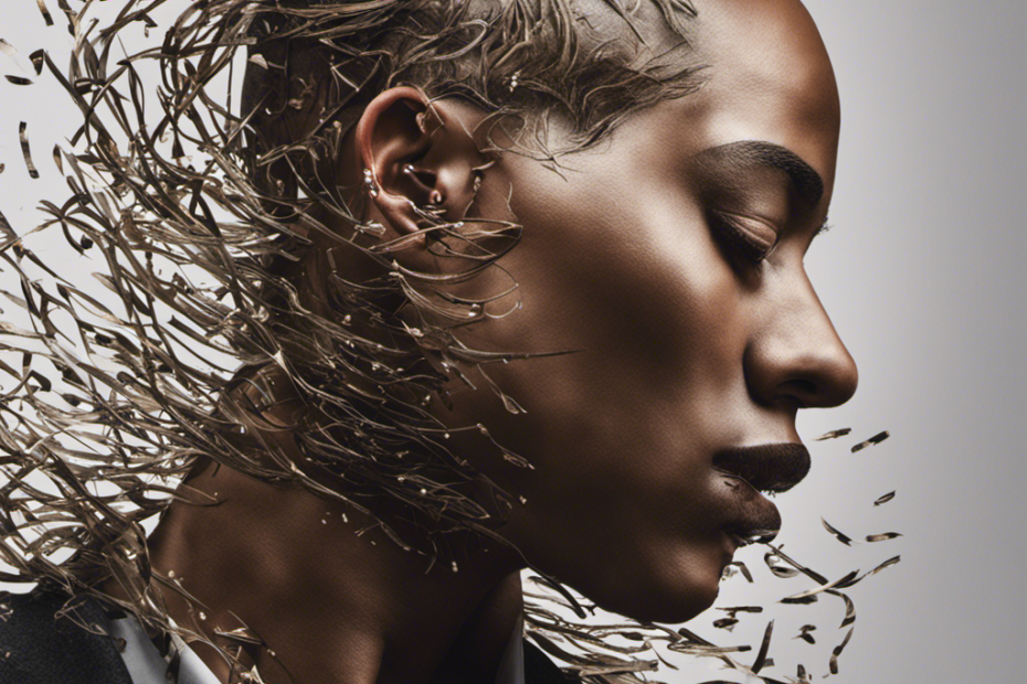 An image depicting a person, eyes closed, surrounded by falling hair clippings, capturing the vulnerability and liberation that comes with shaving one's head