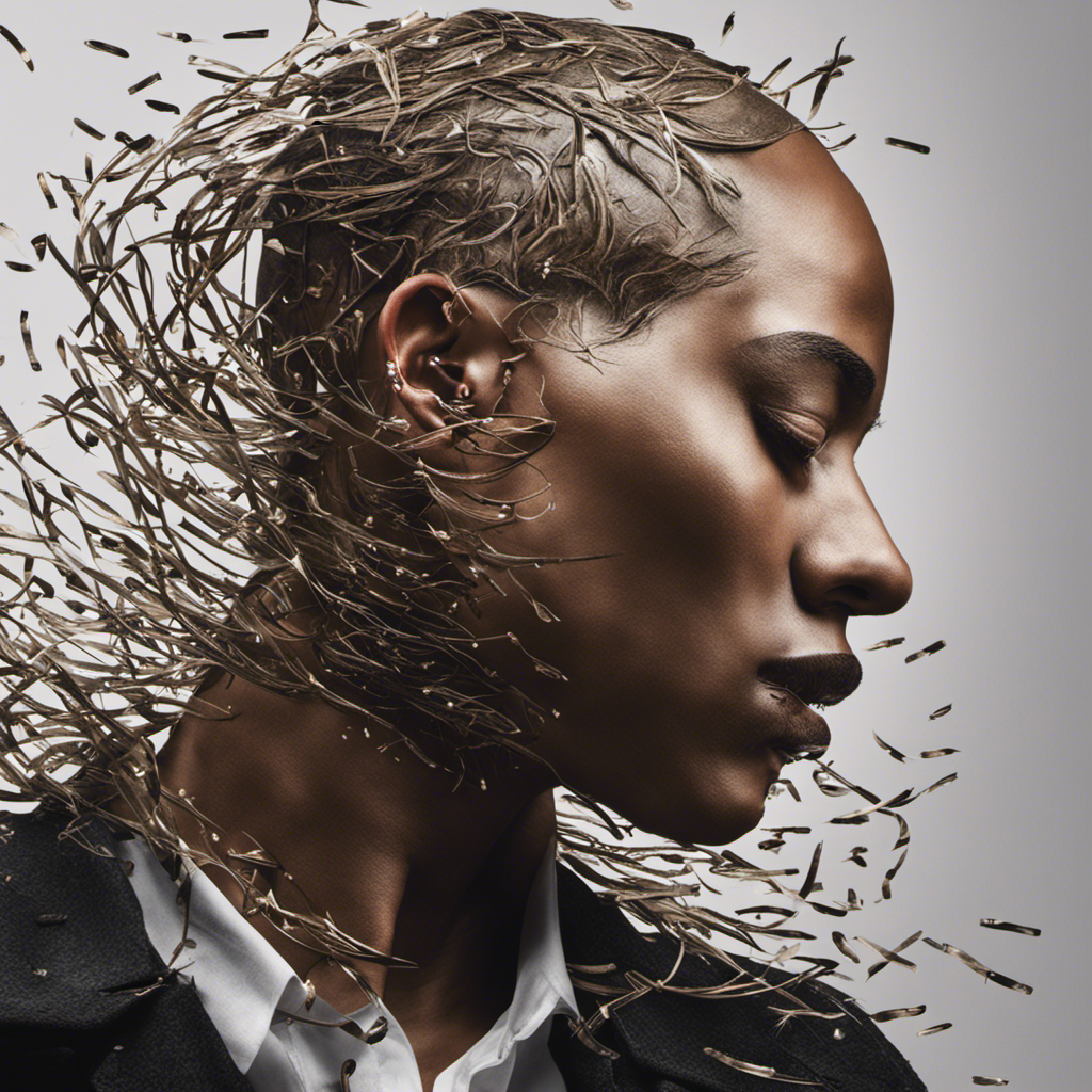 An image depicting a person, eyes closed, surrounded by falling hair clippings, capturing the vulnerability and liberation that comes with shaving one's head