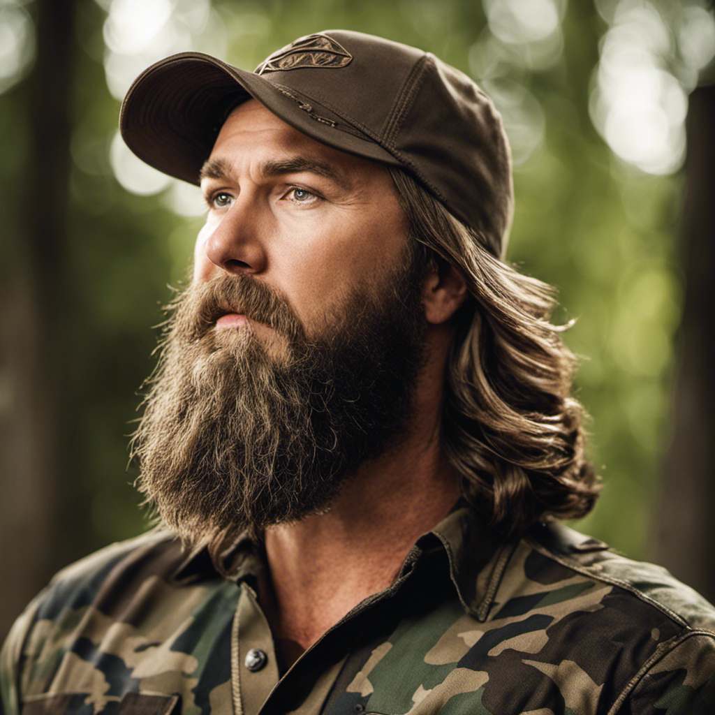 An image showcasing Jase from Duck Dynasty with a freshly shaved head: his rugged face adorned with a clean-cut beard, revealing a confident and bold demeanor