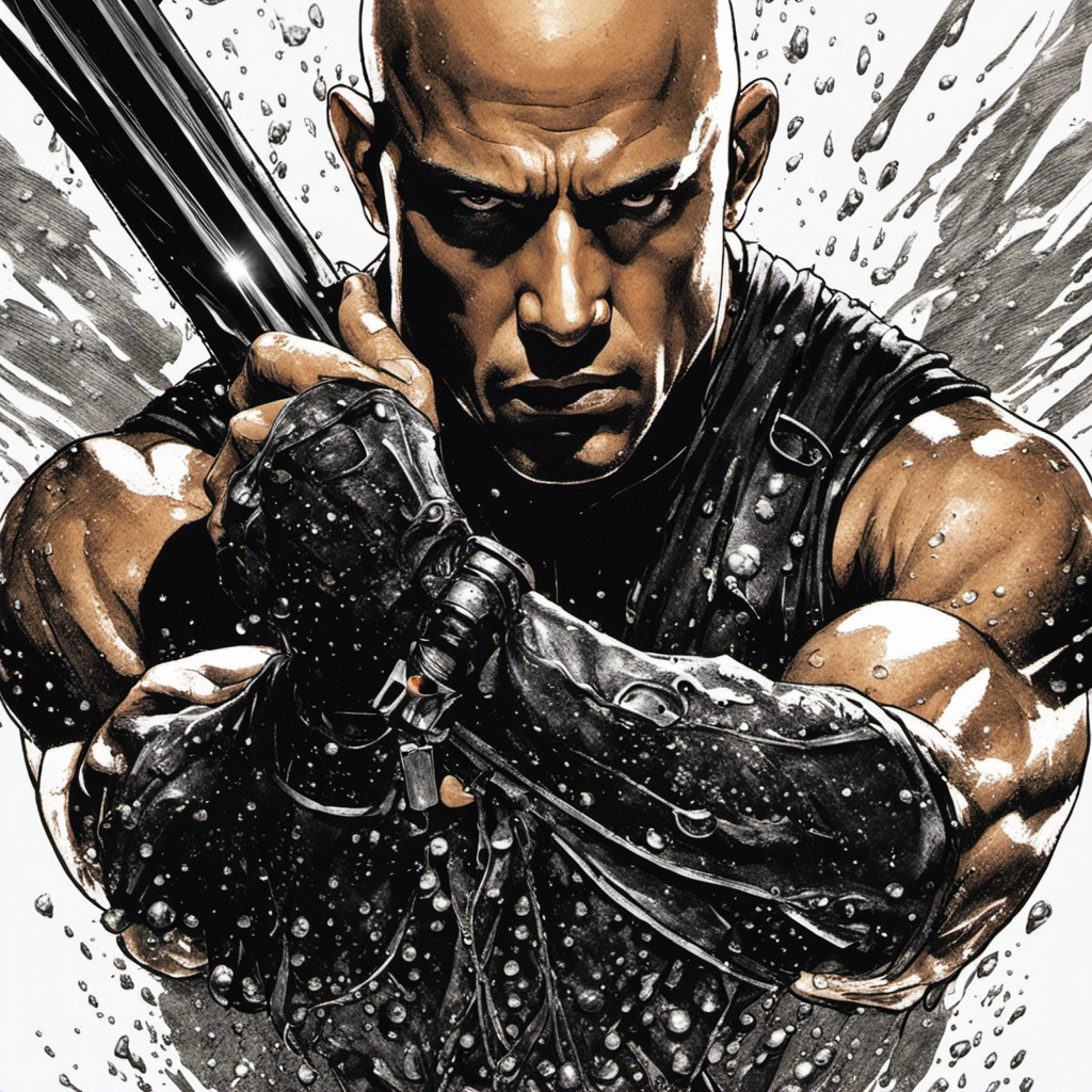 An image capturing Riddick's grooming ritual: A close-up shot of his rough hands holding a gleaming, razor-sharp blade poised above his bald head, with glistening droplets of water and scattered tiny hair clippings